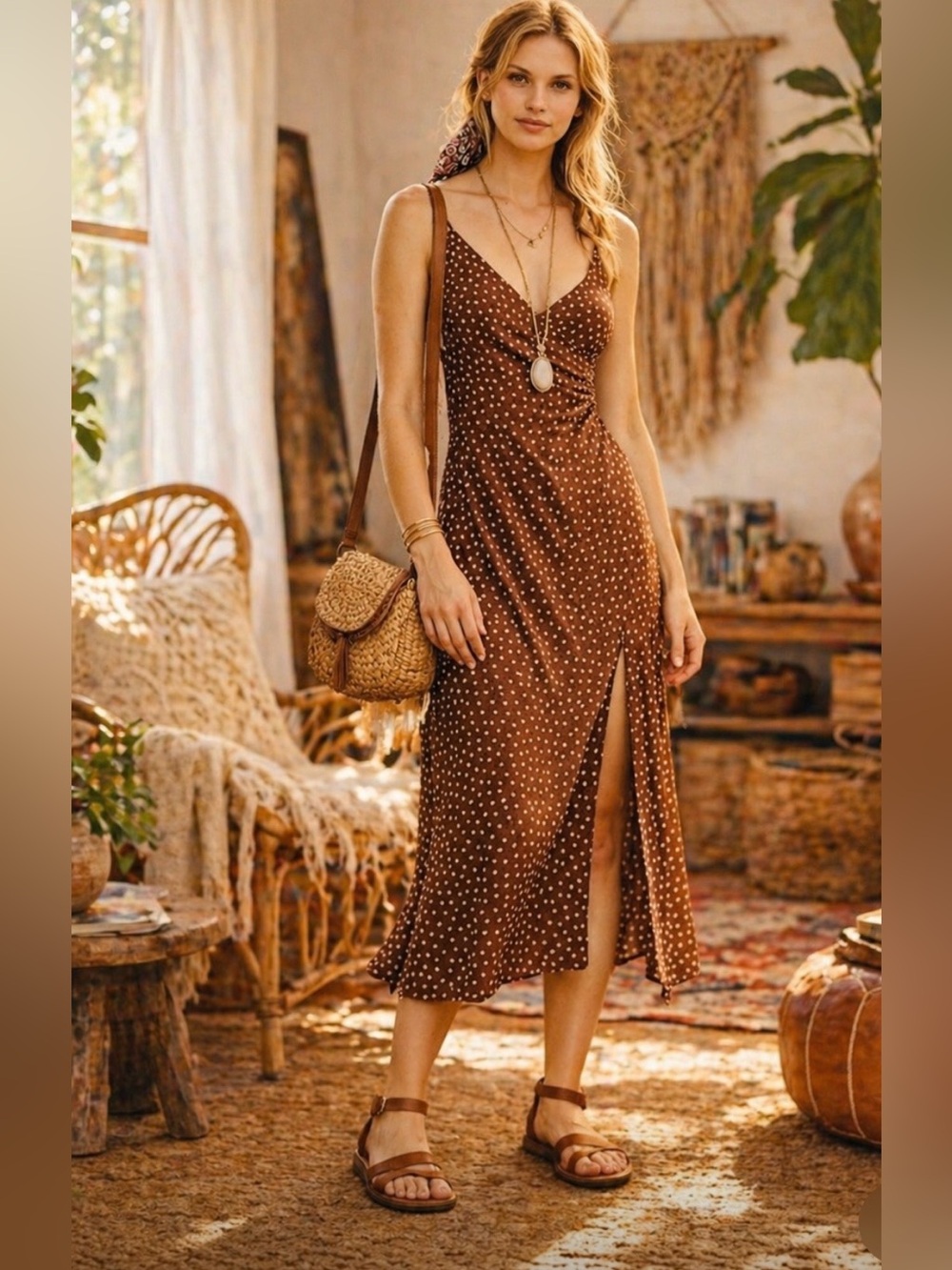 Urban Outfitters Kelly Brown White Polka Dot Surplice Midi Slip Dress. Size XL